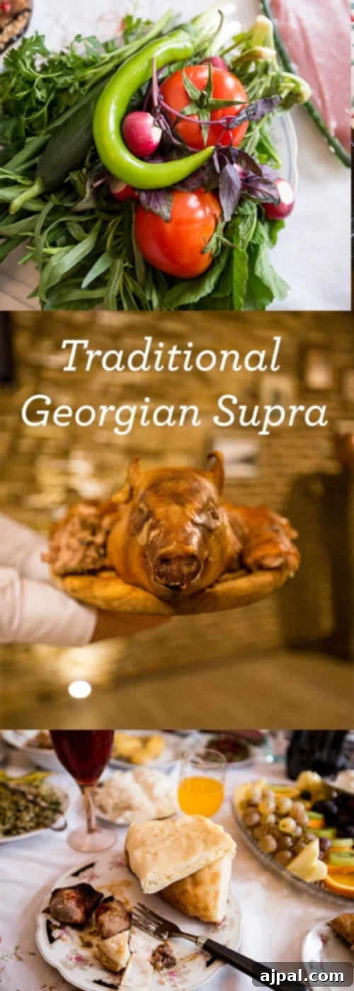 Georgian Supra: A Toast to Wine and Tradition 11 A lavish spread of various Georgian dishes on a long table, showcasing the generosity and abundance of a traditional Supra feast