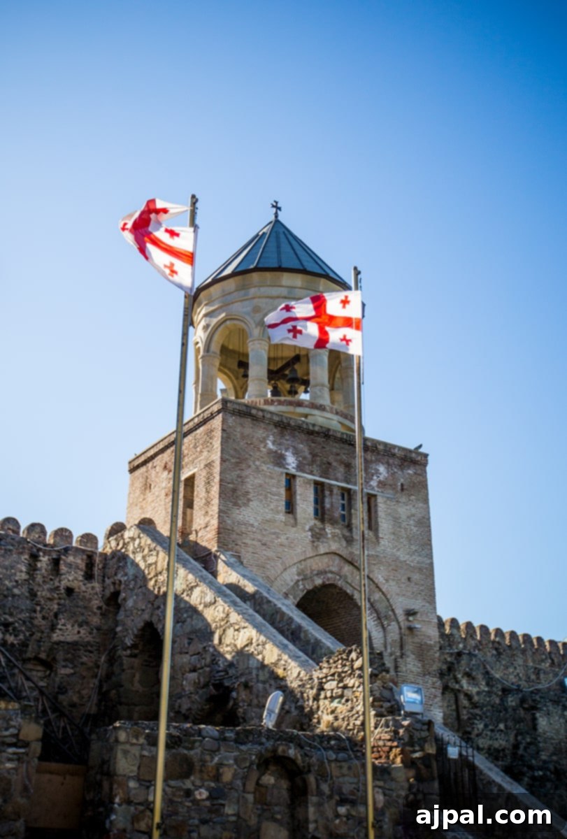 Georgian Flag flying proudly outside a cathedral in Mtskheta