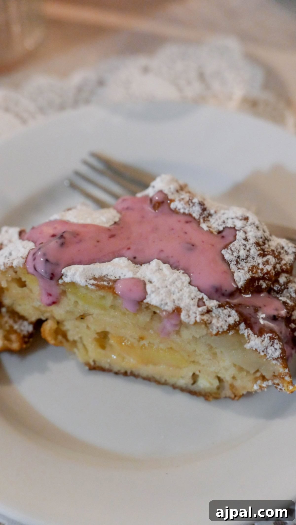 Krakow: Poland's Royal City 3 A slice of cake with powdered sugar and pink sauce, a delightful Krakow treat.