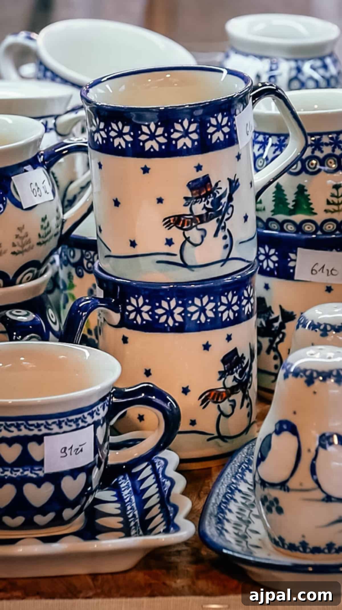 Krakow: Poland's Royal City 23 Various blue and white ceramic mugs and plates with winter-themed designs, reminiscent of Krakow's festive charm.