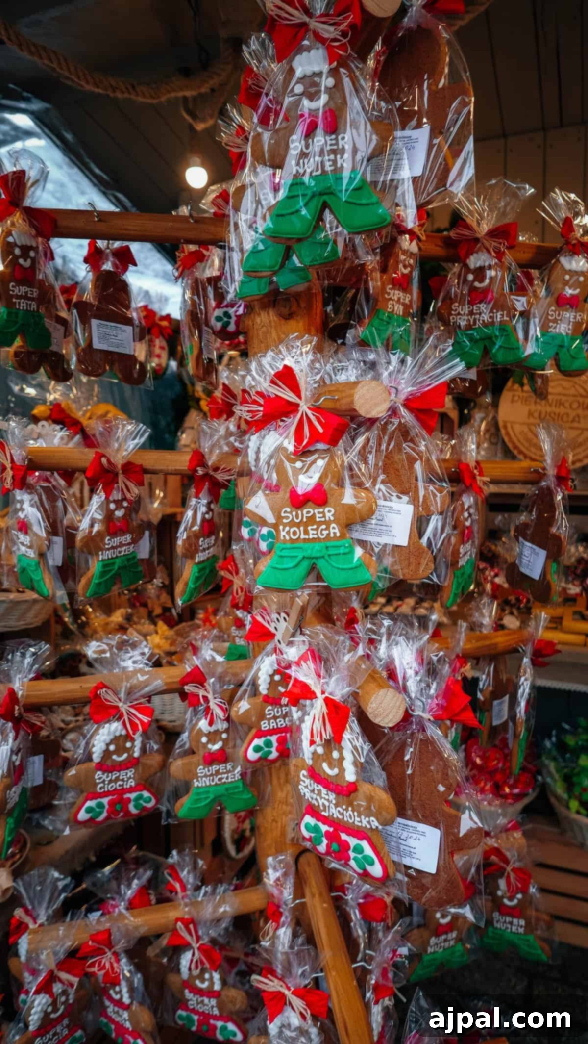 Krakow: Poland's Royal City 26 Various gingerbread cookies wrapped in clear plastic with red ribbons at a Krakow market stall.