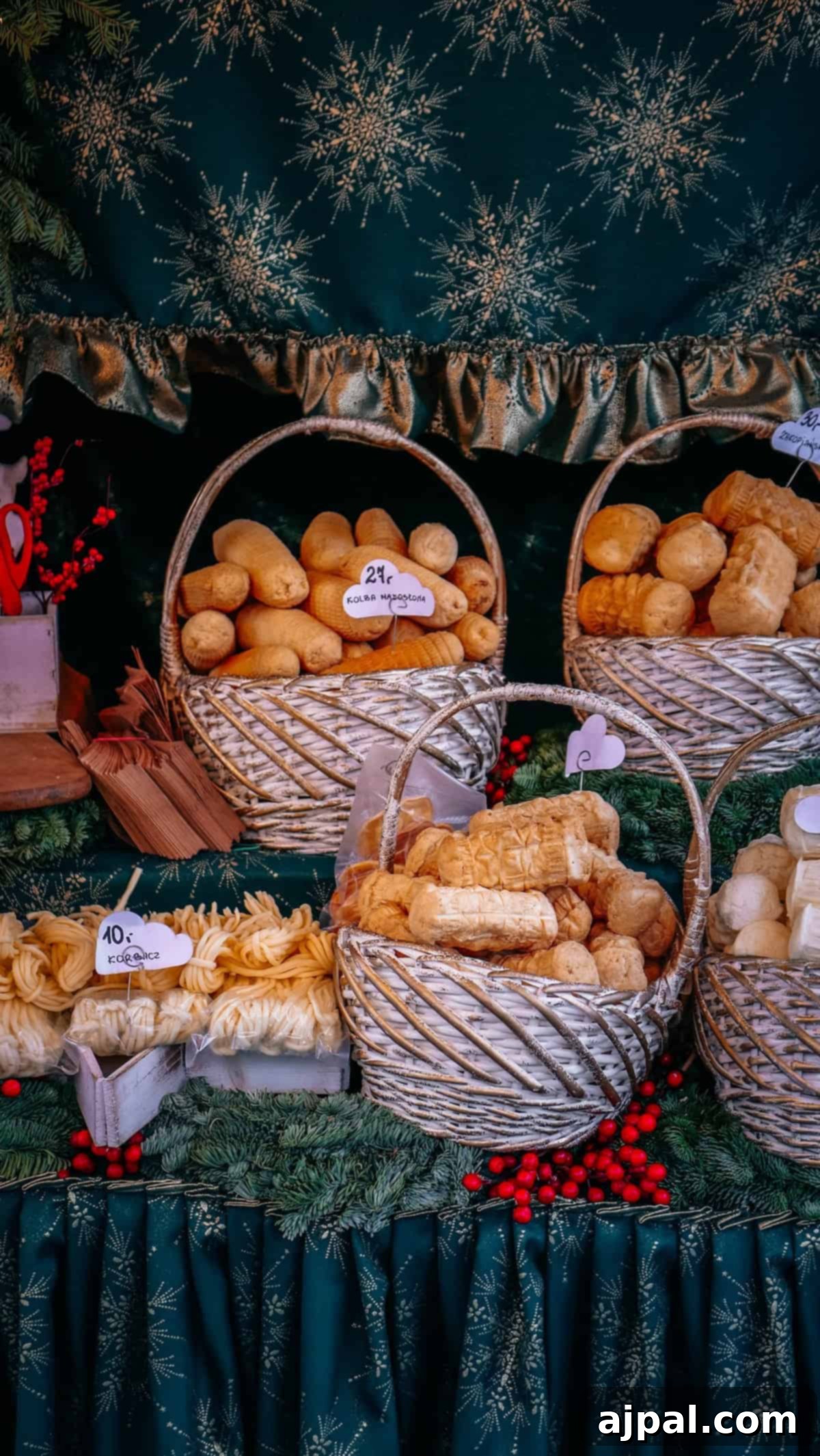 Krakow: Poland's Royal City 28 Baskets of various bread rolls and pastries on a festive green tablecloth in a Krakow bakery.
