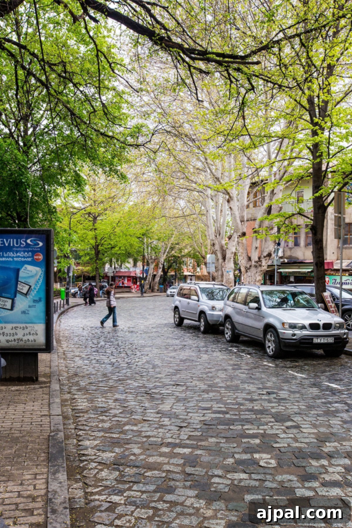 A quaint cobblestone street in Tbilisi's Old Town, lined with traditional buildings and parked cars, evoking historic charm.