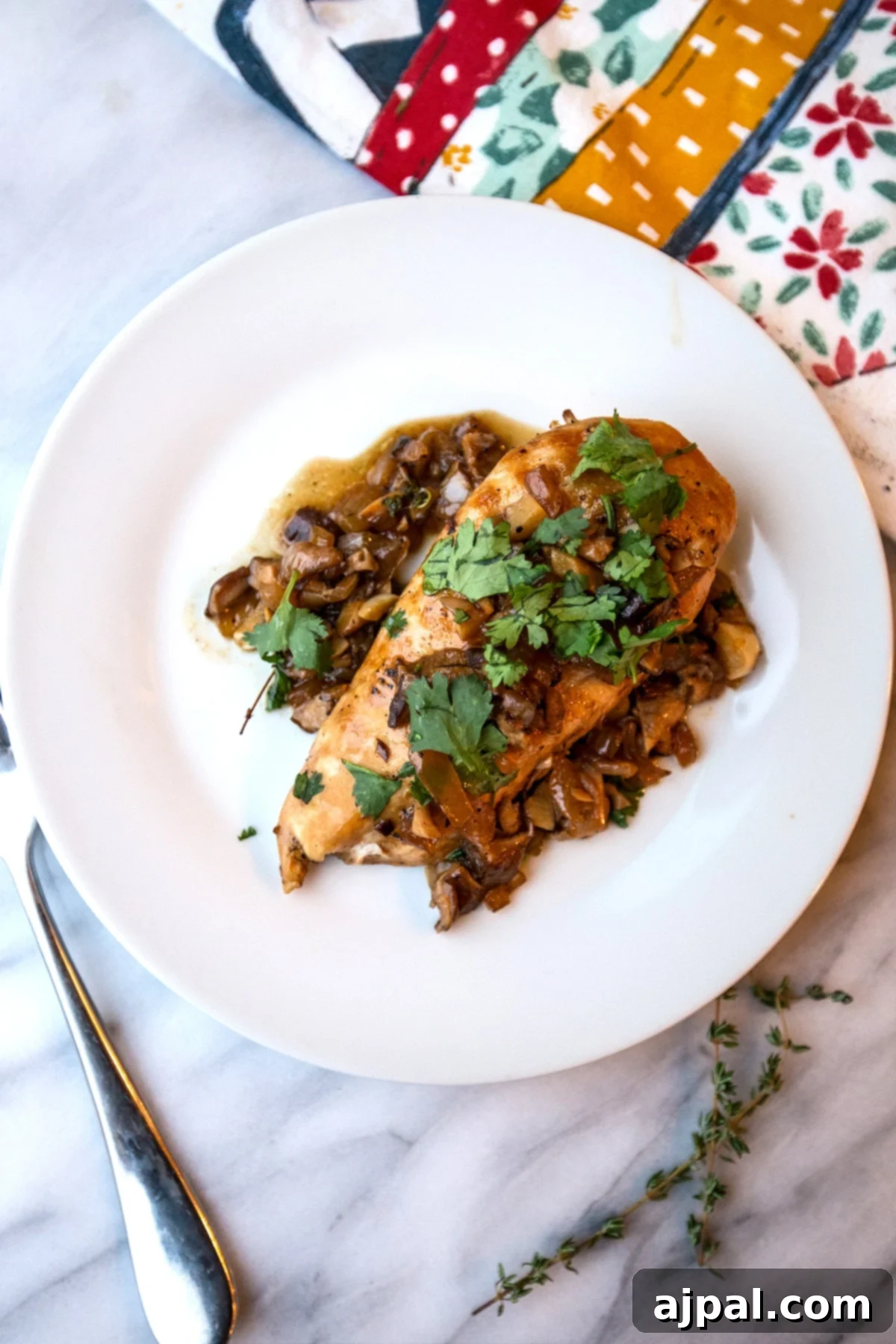 Tender skillet chicken with a rich mushroom and onion sauce, garnished with fresh herbs, ready to be served.