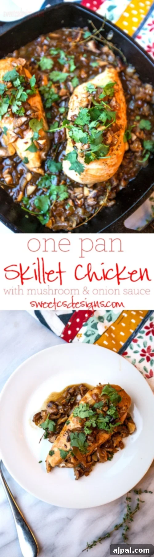 Close-up of skillet chicken with mushroom and onion sauce, garnished with fresh herbs, in a cast iron pan.