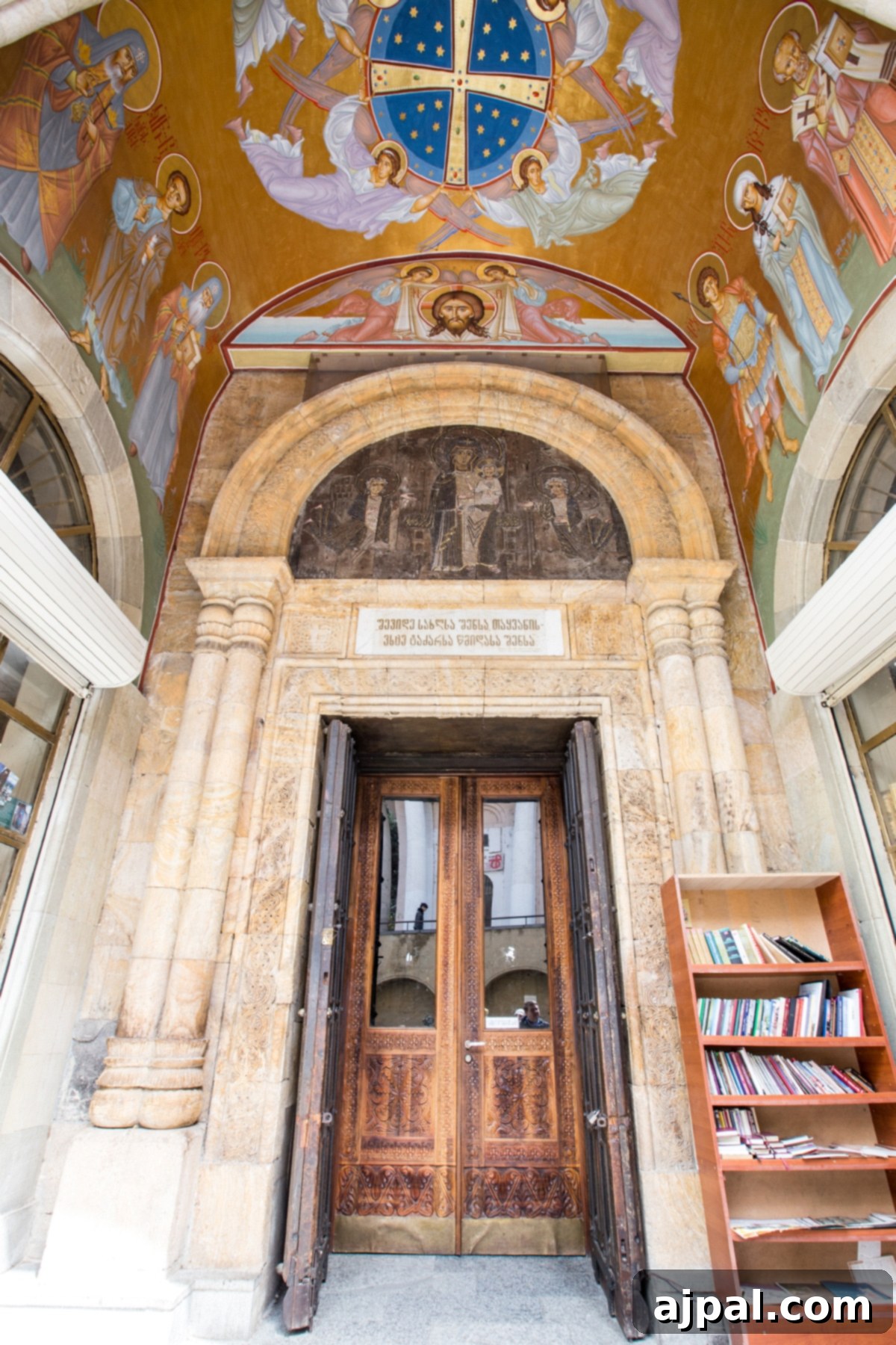 Detailed view of the Sioni Cathedral's exterior in Tbilisi, highlighting its decorative elements.