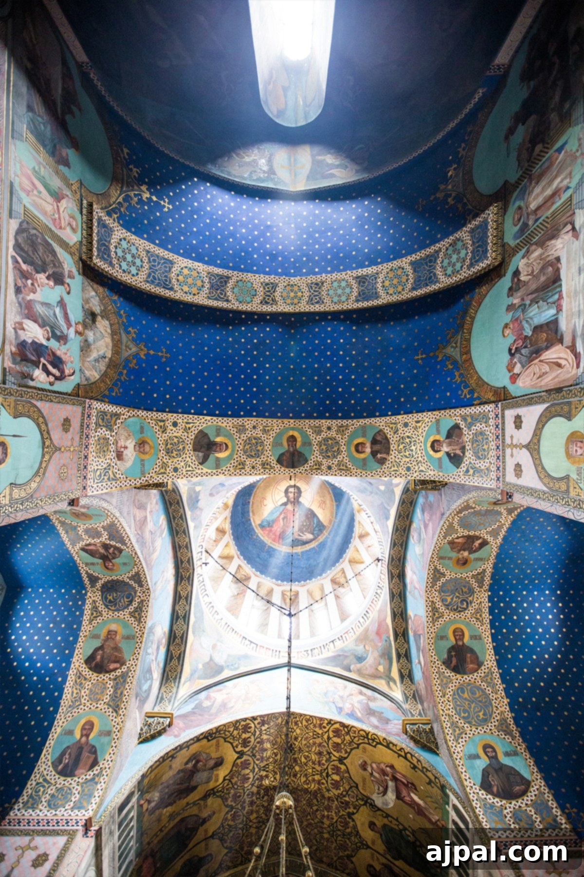 The stunning interior of Sioni Cathedral, Tbilisi, showcasing its elaborate frescoes and ceilings.