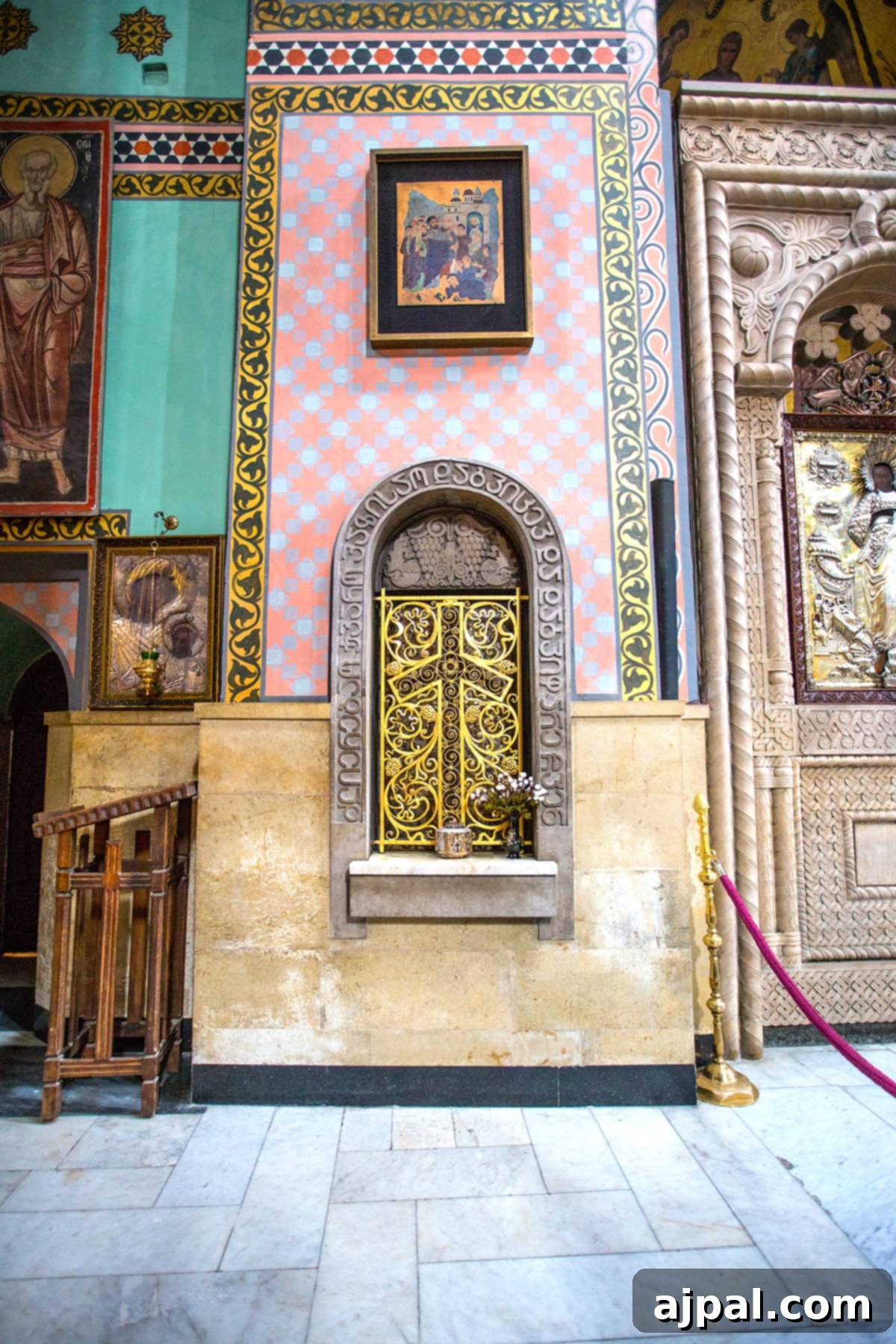 Close-up of Saint Nino's Cross within Sioni Cathedral, Tbilisi, a revered relic.