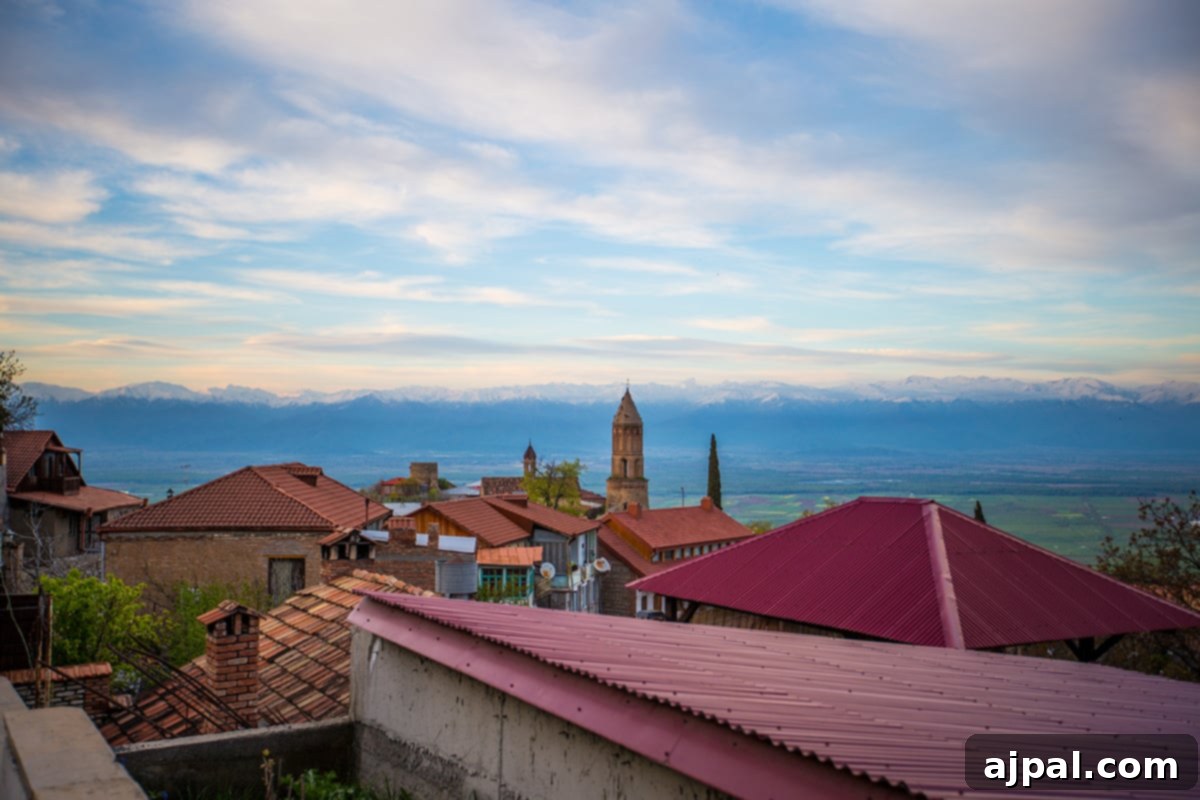 Panoramic view of Sighnaghi, Georgia, showcasing its scenic beauty and distant mountains