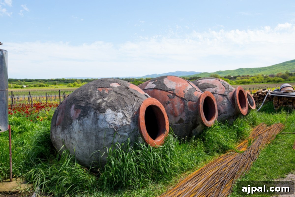 Traditional Qvevri wine vessels in a vineyard in Georgia's Kakheti Region