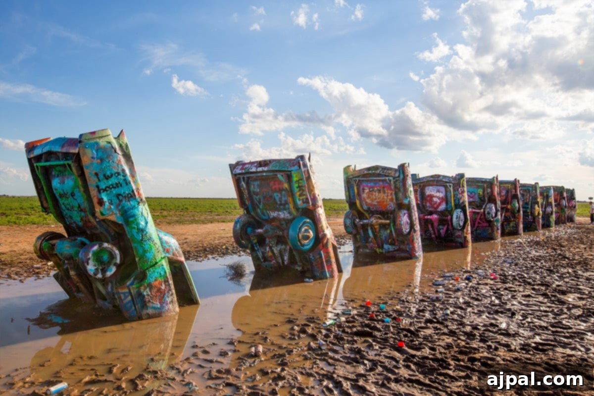 Iconic Cadillac Ranch A Texas Landmark 4 Graffiti-covered Cadillac cars at Cadillac Ranch in Amarillo, Texas