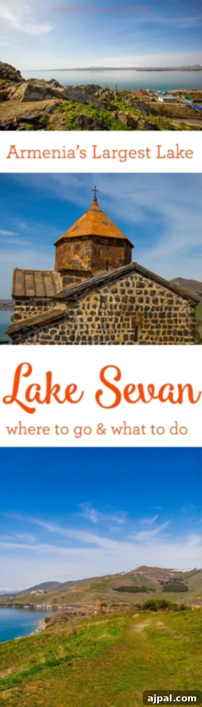 A breathtaking view of Lake Sevan, Armenia's largest lake, showcasing the picturesque landscape and the historic Sevanavank Monastery Ruins, offering a plethora of activities.