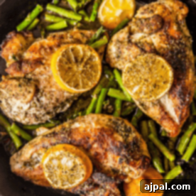 A vibrant close-up of the finished One Pot Lemon Chicken and Asparagus meal in a skillet, showcasing golden chicken and green asparagus.