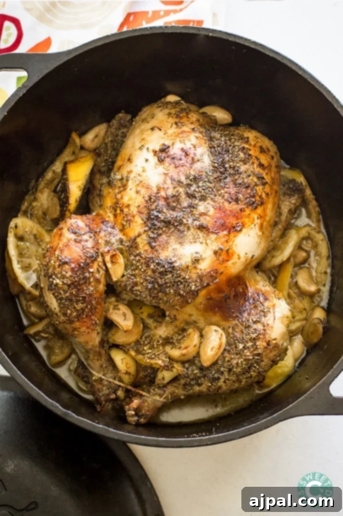 A perfectly roasted lemon garlic chicken in a Dutch oven, with crispy golden skin and fresh lemon slices.