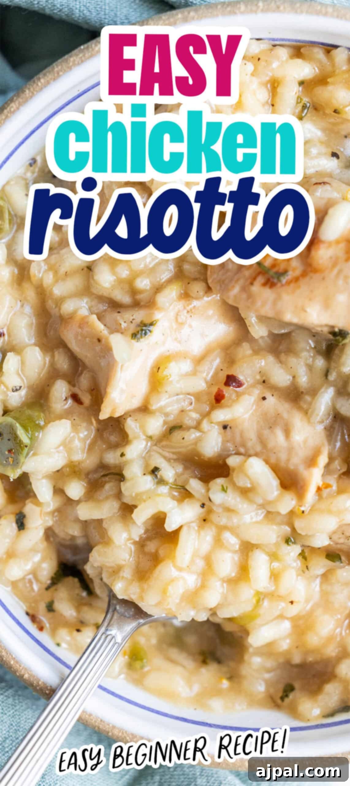 A close-up of creamy chicken risotto in a bowl with a spoon. Text overlay reads "Easy Chicken Risotto" and "One Pan Chicken Risotto - Easy Beginner Recipe!