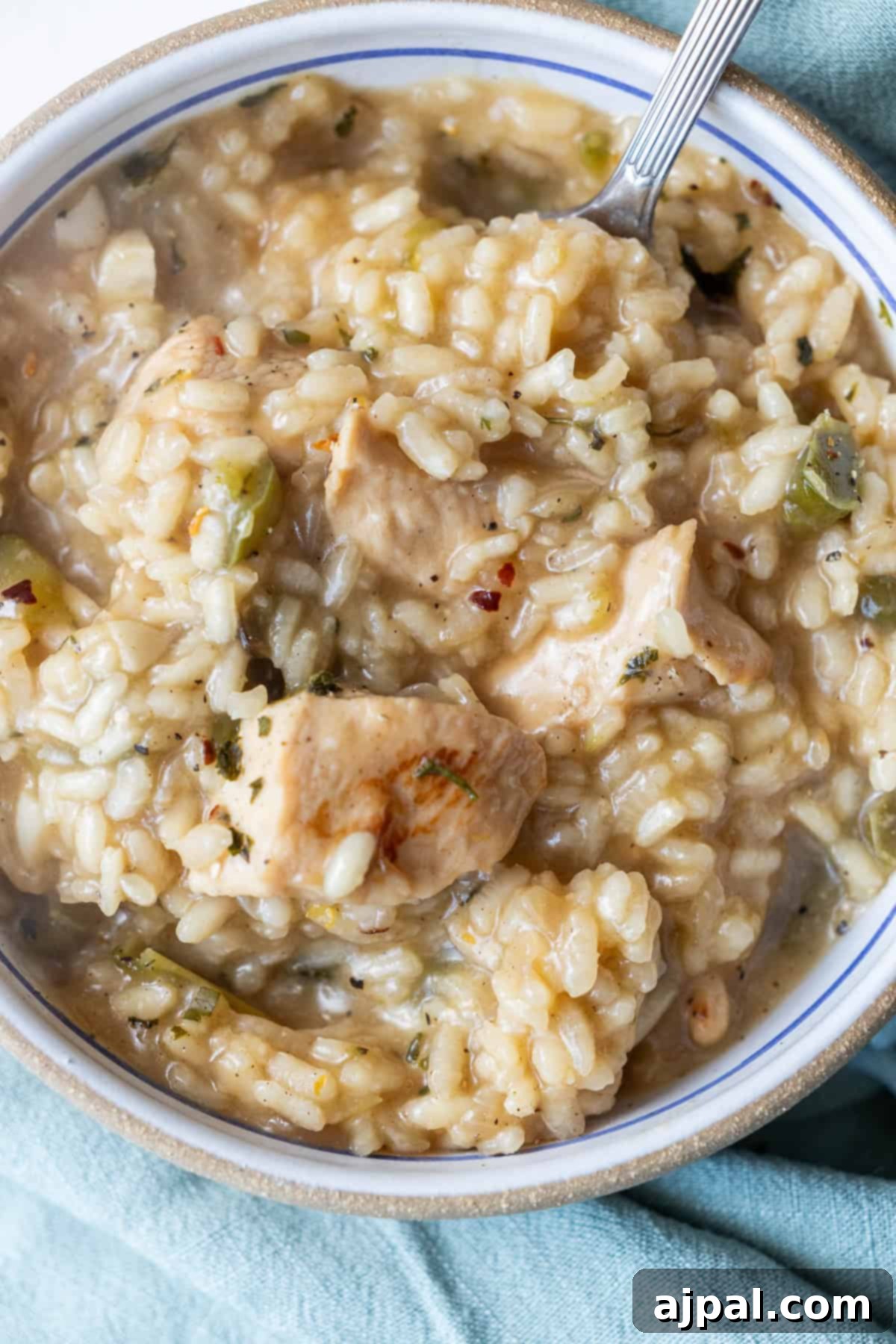 A close-up of a bowl of creamy chicken and rice stew, resembling an easy risotto recipe, with visible chunks of chicken, rice, and bits of vegetables, and a spoon resting in the bowl.