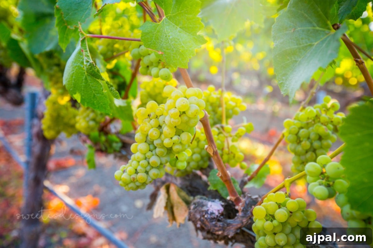 Close-up of ripe white grapes on the vine at La Crema Winery