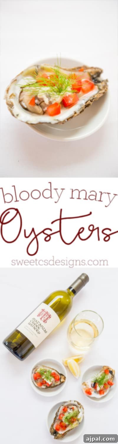 A creative vertical shot of Bloody Mary oysters, highlighting the fun twist on raw oysters with their toppings.