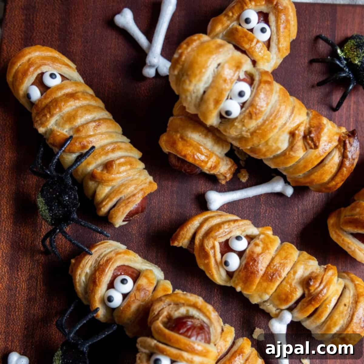 Spooktacular Halloween Treats You Need to Try 31 Mummy hot dogs wrapped in pastry to look like mummies with candy eyes, surrounded by fake spiders and bone decorations on a wooden surface.