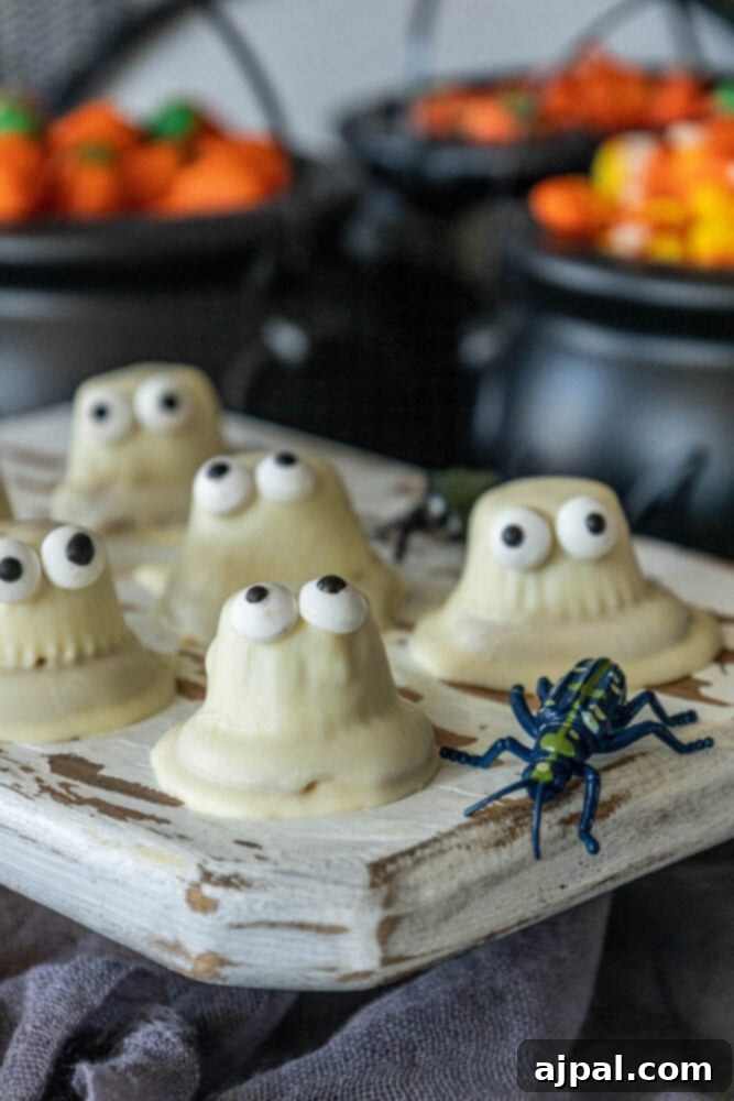 Spooktacular Halloween Treats You Need to Try 6 Halloween cupcakes with eyes and white chocolate dipped ghost cookies on a tray.