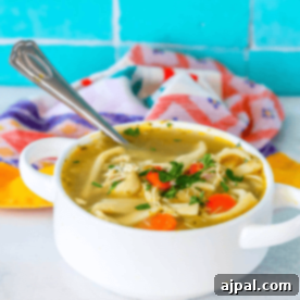 A bowl of chicken noodle soup with vegetables, garnished with parsley, served with a spoon in it. This semi-homemade chicken noodle soup recipe sits perfectly next to a colorful checkered towel in the background.