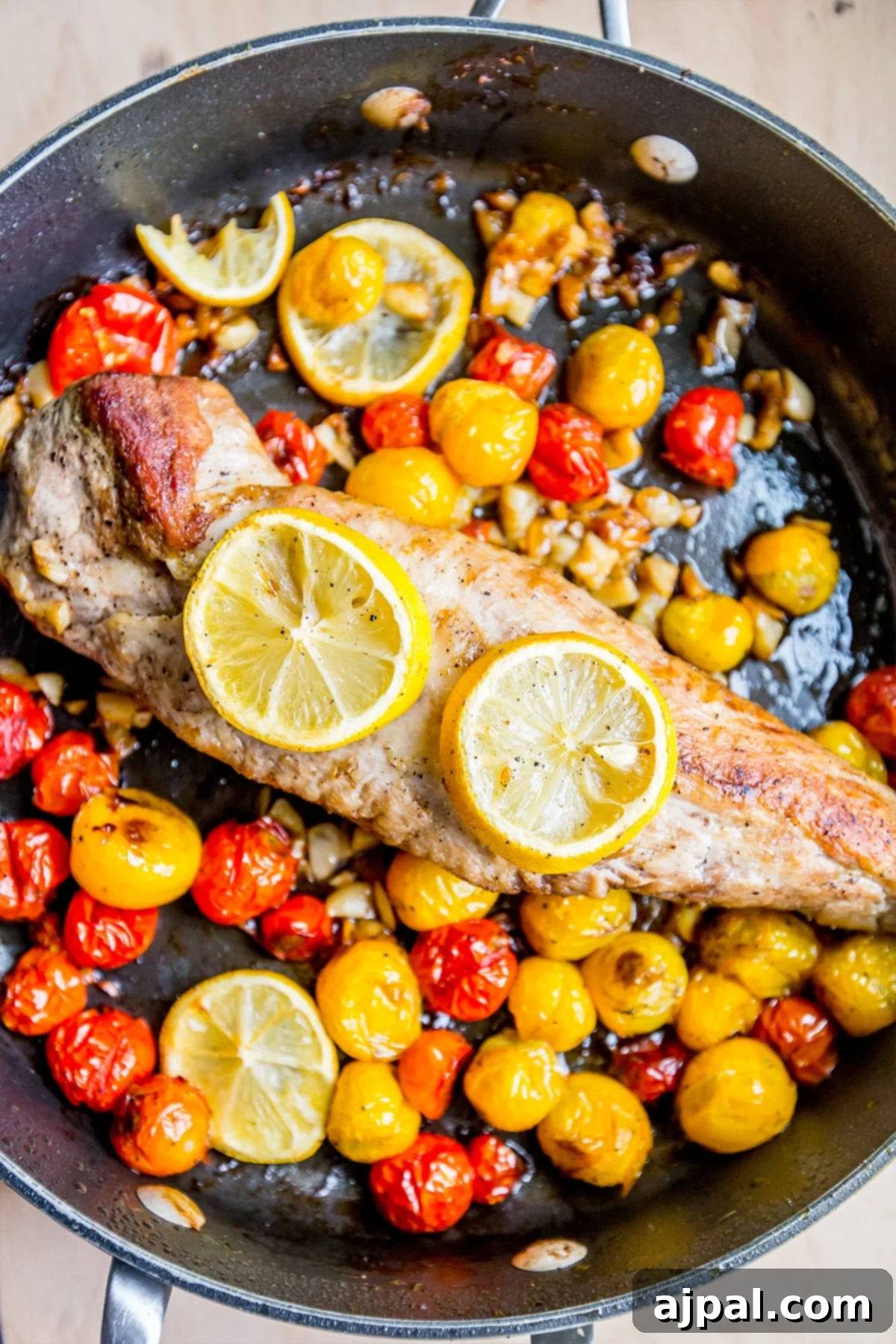 Effortless One-Pan Tuscan Pork Loin (5 Ingredients) 2 A golden-brown pork tenderloin resting in a pan, surrounded by vibrant lemons, aromatic garlic cloves, and juicy cherry tomatoes.