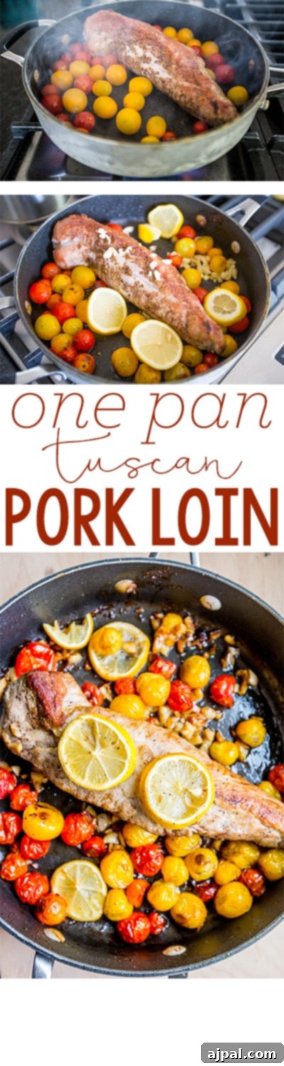 Five-Ingredient Tuscan Pork Loin Skillet Dinner 5 Picture of pork tenderloin browning in a pan with lemon and tomatoes, with