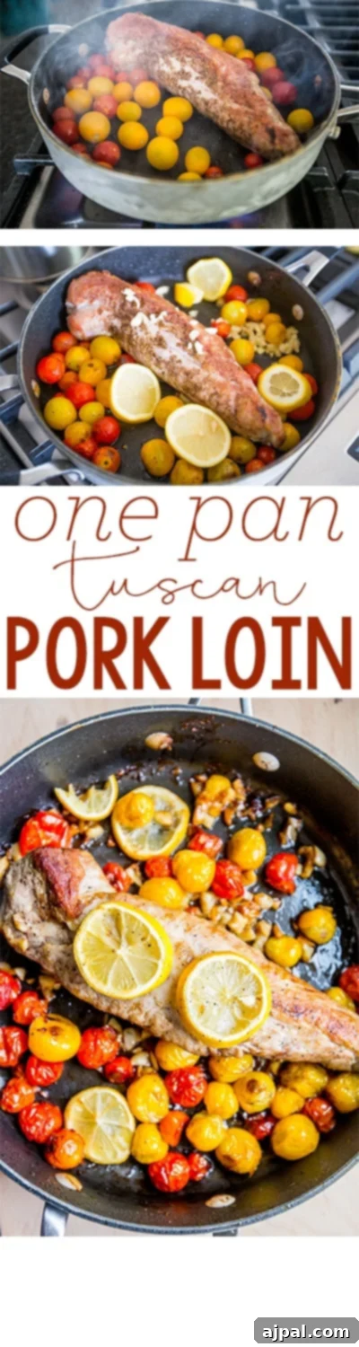 Effortless One-Pan Tuscan Pork Loin (5 Ingredients) 5 A stunning image of the finished One Pan Tuscan Pork Loin, beautifully browned and garnished with fresh lemon and bursting tomatoes, with the text 'One pan tuscan pork loin' overlayed.