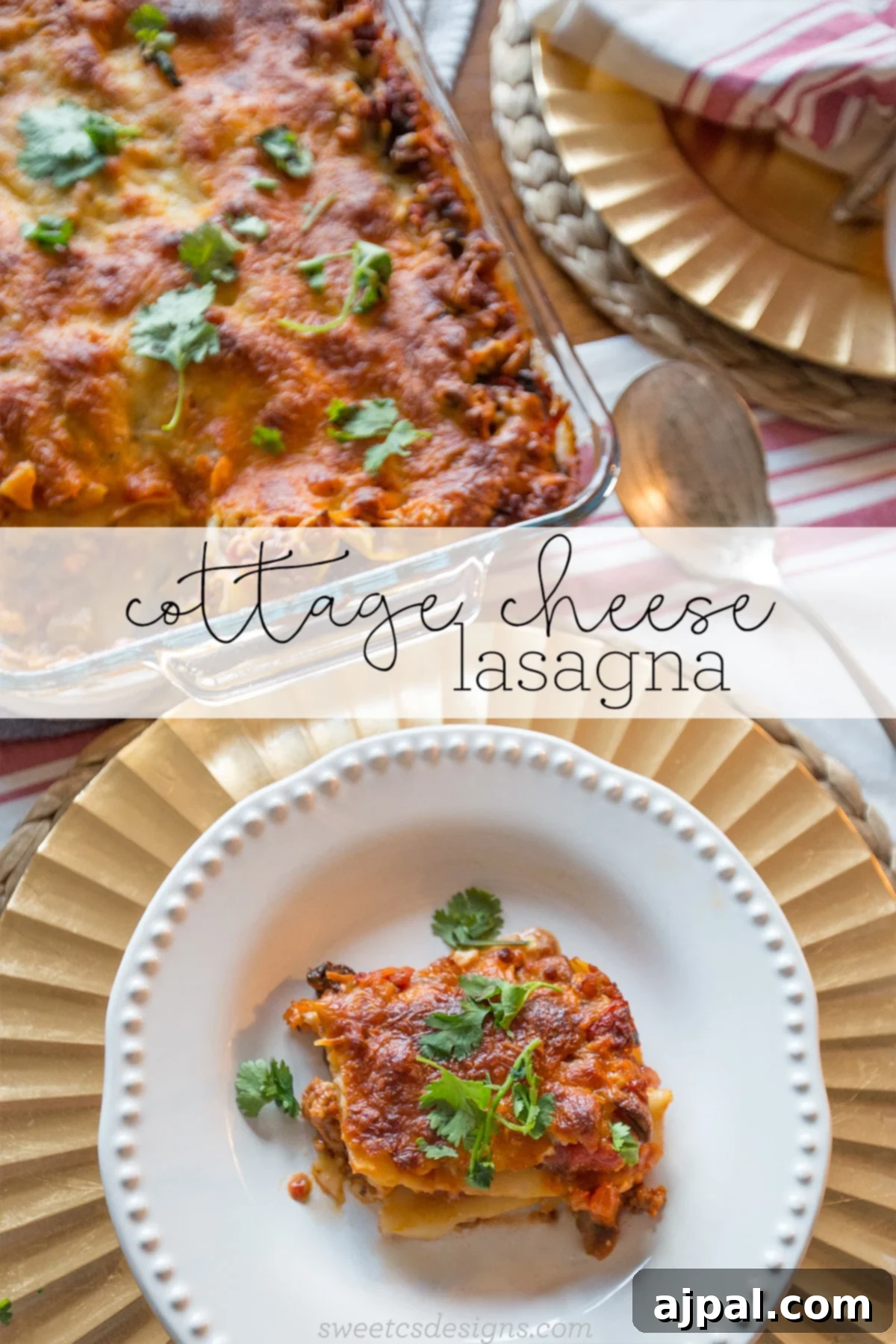 Layered lasagna with beef and cottage cheese, garnished with parsley
