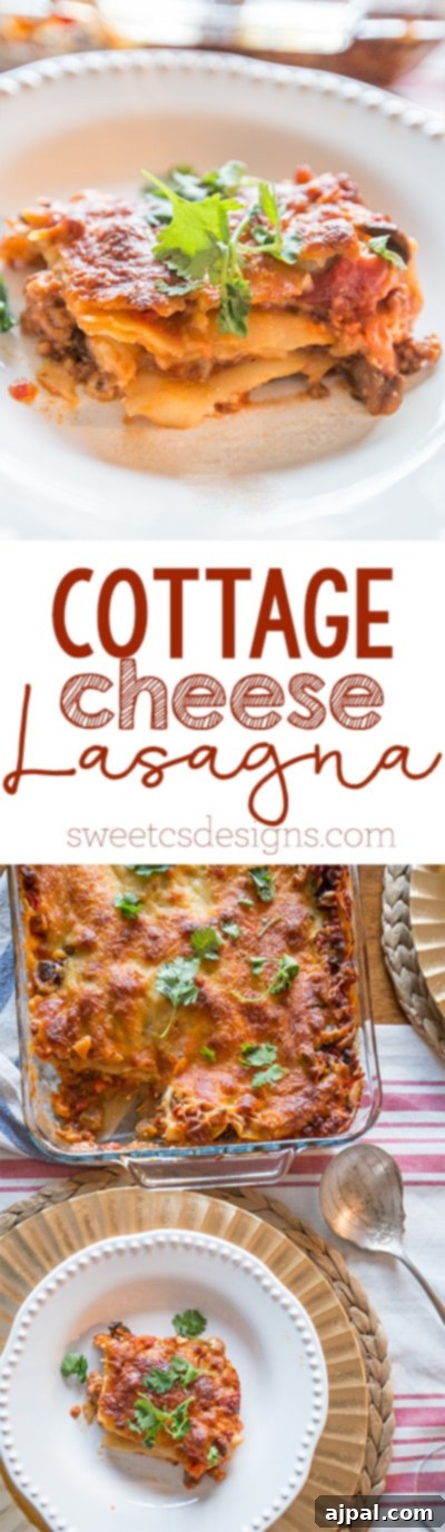 A beautifully layered lasagna with cottage cheese and beef, garnished with fresh herbs