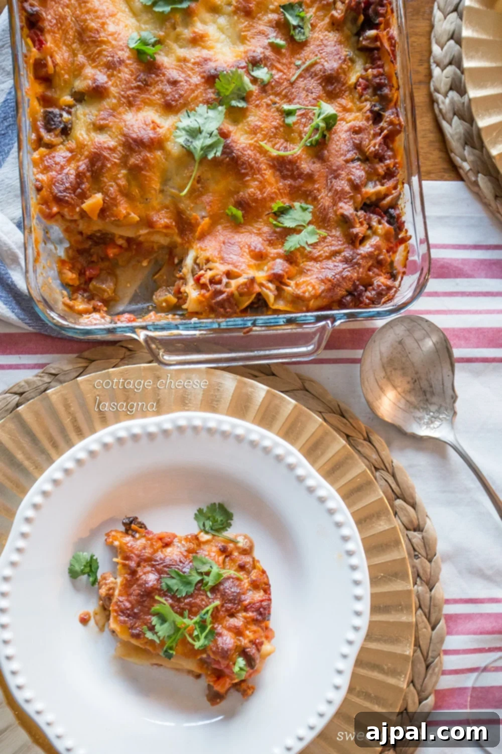 A delectable slice of lasagna with cottage cheese, ready to be enjoyed