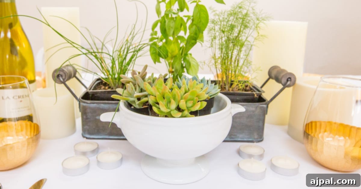 Effortless Herbal Table Decor 2 An easy herb centerpiece featuring a table setting with a plant in a pot and candles.