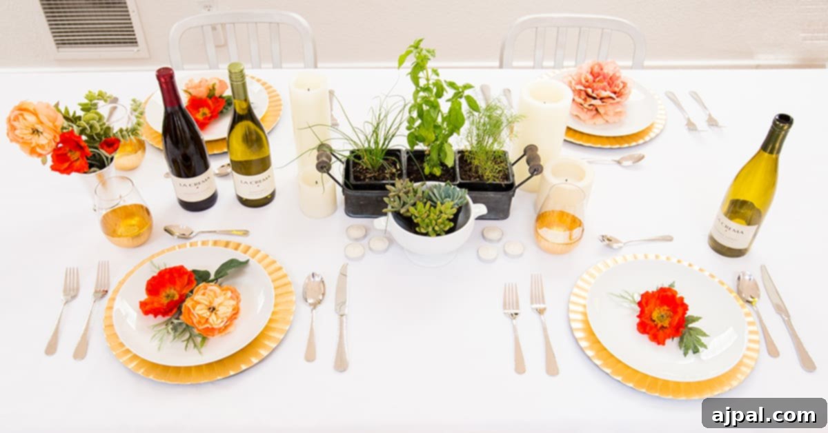 A beautifully set dinner table with multiple easy herb centerpieces and wine glasses, creating an inviting and romantic ambiance.