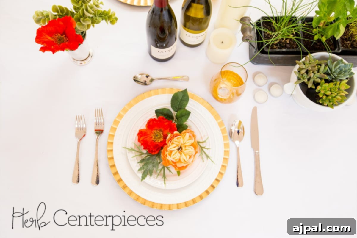 A chic and relaxed table setting featuring an array of vibrant herb centerpieces and a bottle of wine, suggesting easy entertaining.