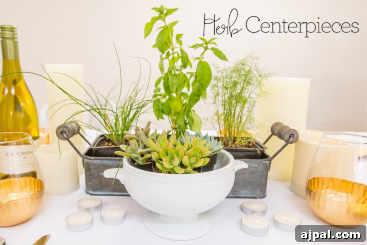 Effortless Herbal Table Decor 6 A table setting with easy herb centerpieces and candles.