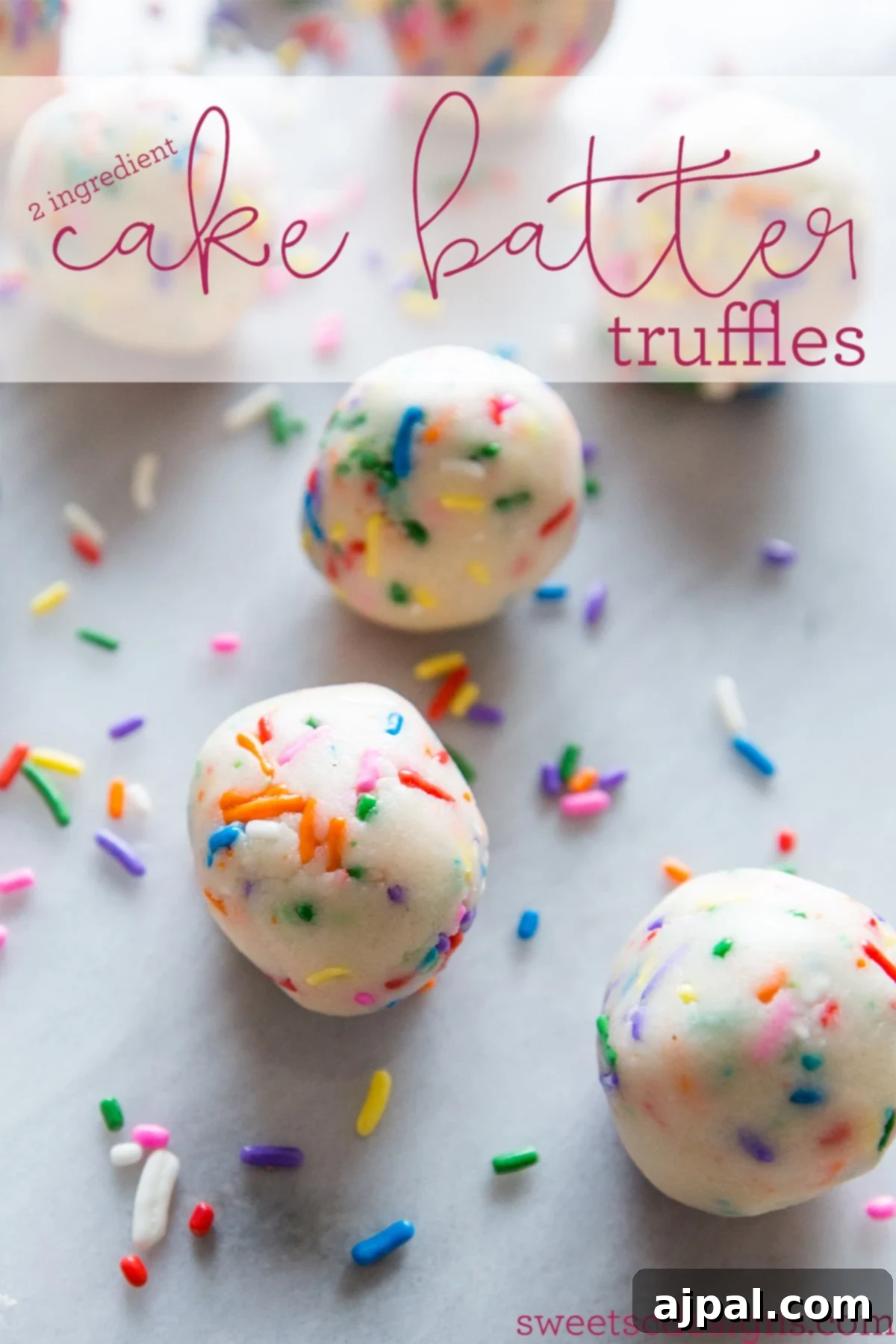 Easy 2 Ingredient Cake Batter Truffles 5 Irresistibly easy no-bake cake batter truffles, studded with colorful sprinkles, showcasing their simple charm and delicious appeal.