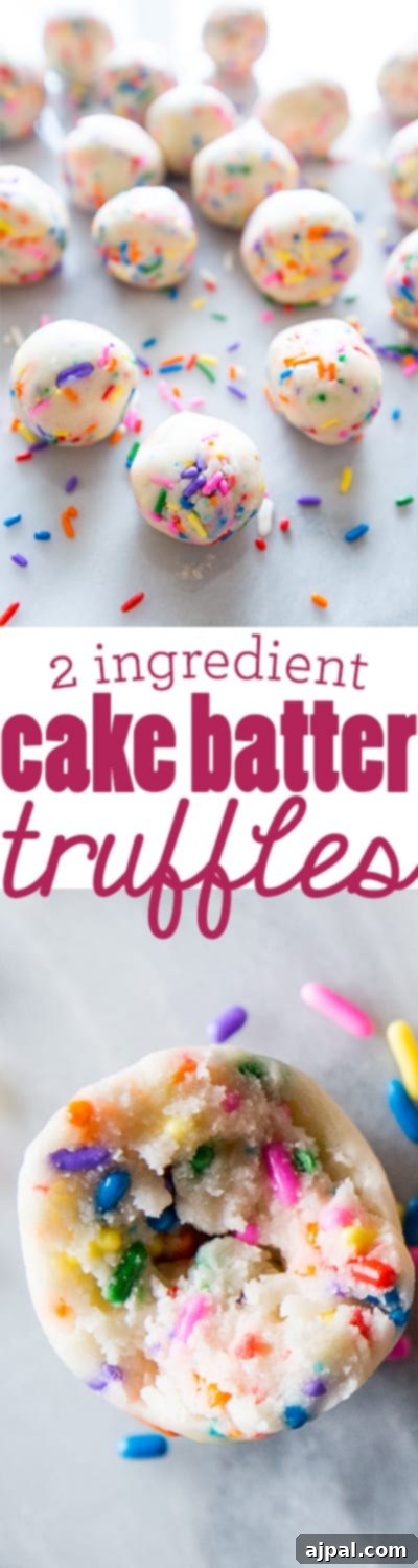 A close-up shot of several delicious cake batter truffles, showcasing their vibrant sprinkles and appealing texture. An easy recipe with just two ingredients for these yummy treats.