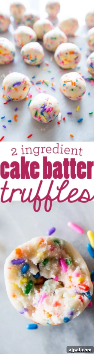 Easy 2 Ingredient Cake Batter Truffles 6 A tall stack of delightful cake batter truffles, generously coated in sprinkles, showcasing the ease of this two-ingredient recipe.