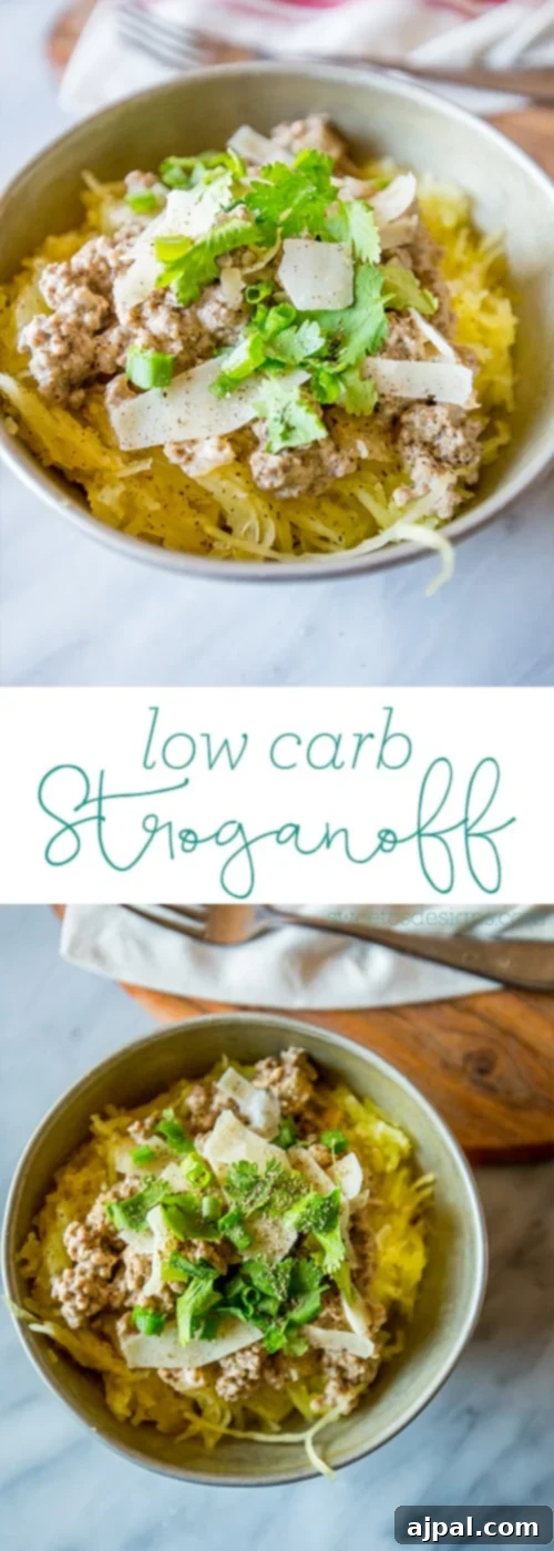 bowl of spaghetti squash with beef stroganoff, parmesan cheese and green onions low carb stroganoff written across it. 