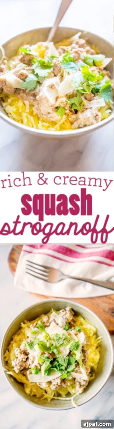 bowl of spaghetti squash with beef stroganoff, parmesan cheese and green onions.  rich and creamy squash stroganoff 