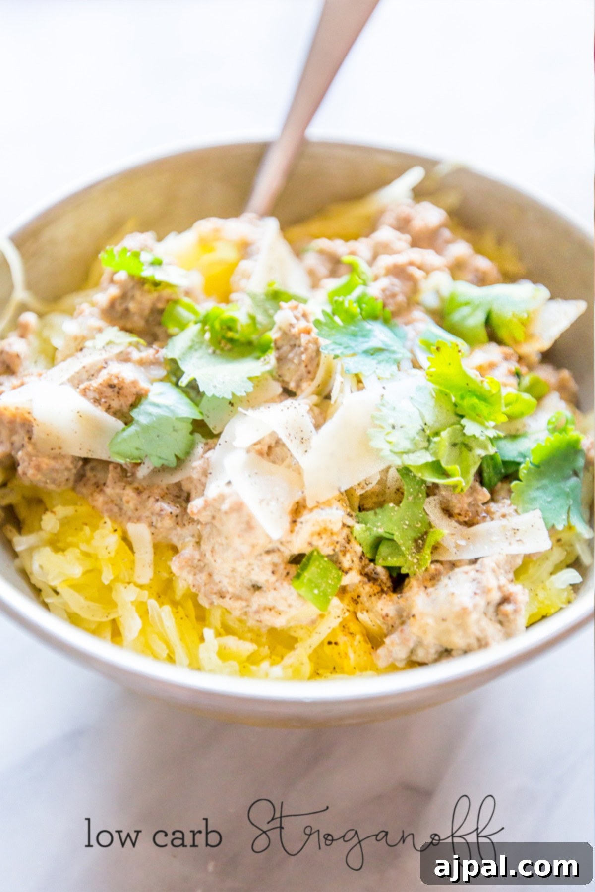bowl of spaghetti squash with beef stroganoff, parmesan cheese and green onions. 