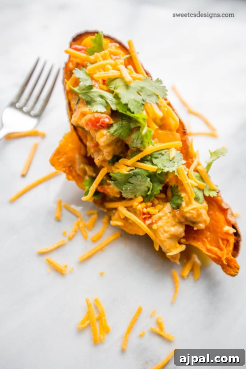 Southwestern Chicken Stuffed Sweet Potatoes 4 Stuffed sweet potatoes loaded with cheesy chicken green chili, a perfect low-carb and easy-to-make meal.