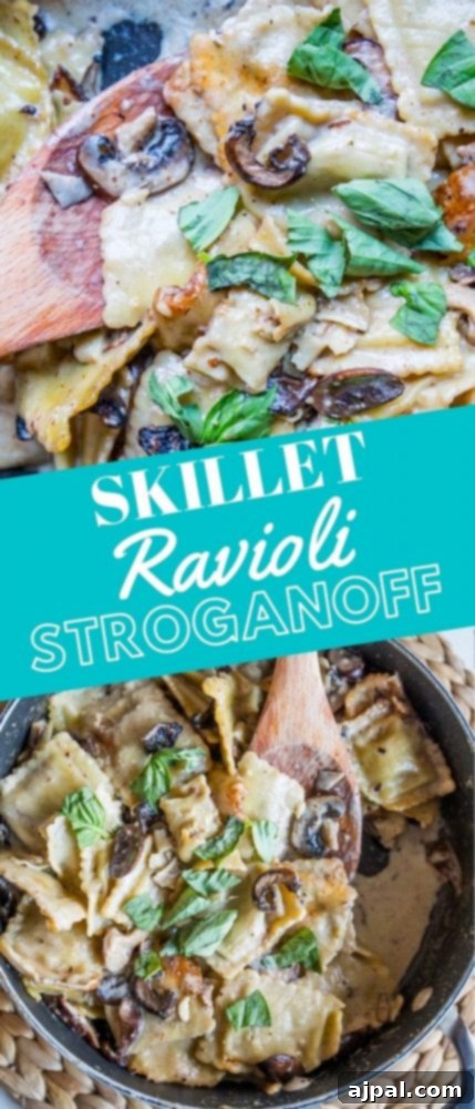 Skillet Ravioli Stroganoff Recipe, served hot in a skillet, ready to eat.