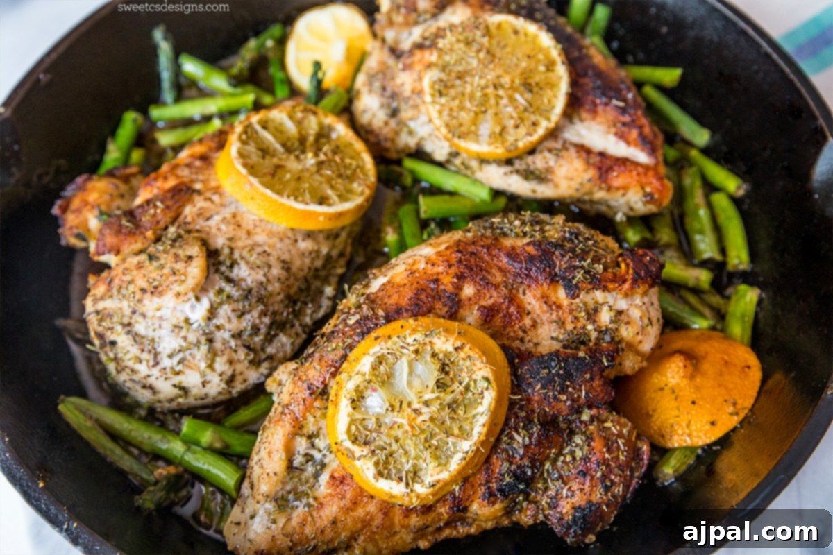 Easy one-pot lemon chicken with green beans in a skillet.