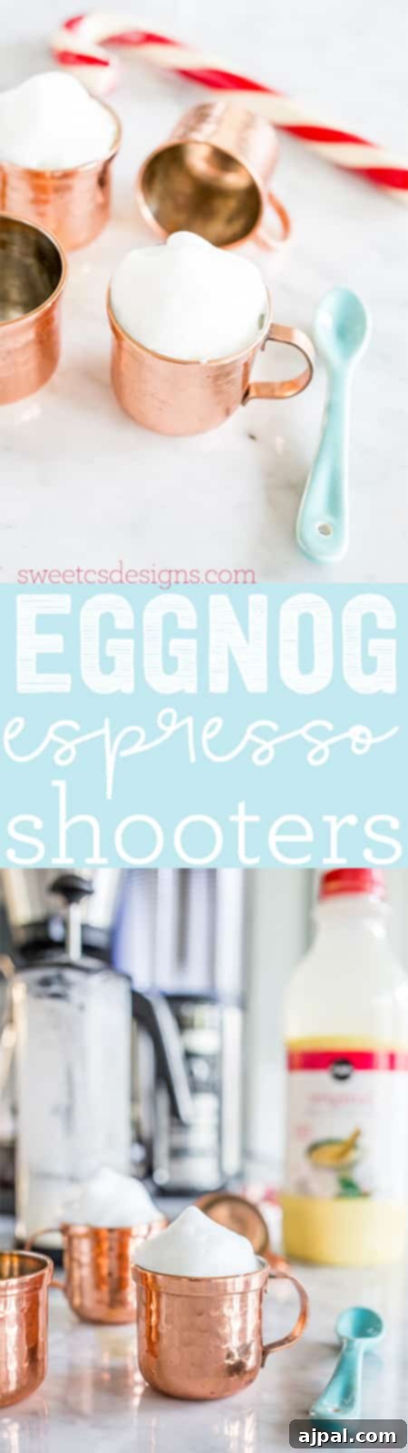Festive Espresso Eggnog Shots 5 Copper small mug with milk foam and a candy cane in the background, festive eggnog espresso shooter