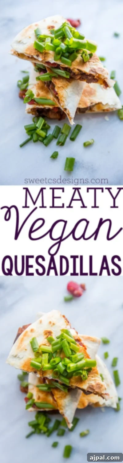 A close-up of a single vegan quesadilla, showcasing the crispy tortilla and a hint of the flavorful filling, emphasizing its delicious meat-free and dairy-free nature.