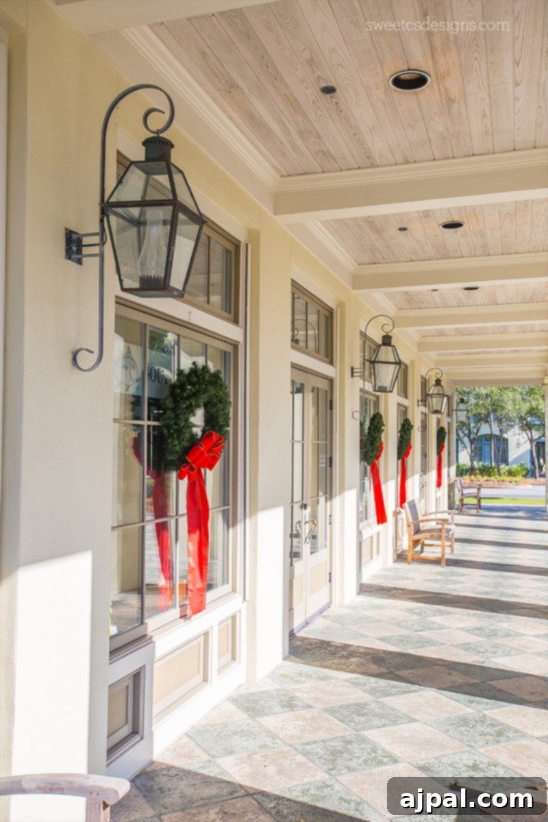 Yuletide in Paradise Seaside Florida 2 Charming shops in Watercolor Florida adorned with festive Christmas decorations, creating a whimsical holiday scene.