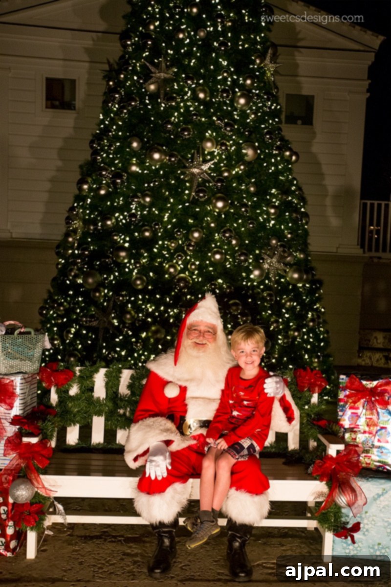 Yuletide in Paradise Seaside Florida 14 Santa Claus and a child sharing a joyful moment in front of a festive Christmas tree at the Seaside Florida amphitheater.