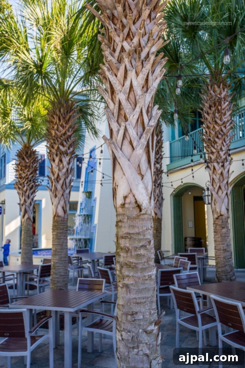 Yuletide in Paradise Seaside Florida 5 Outdoor seating area in Watercolor Town Center, Florida, amidst palm trees, exuding a relaxed Christmas atmosphere.