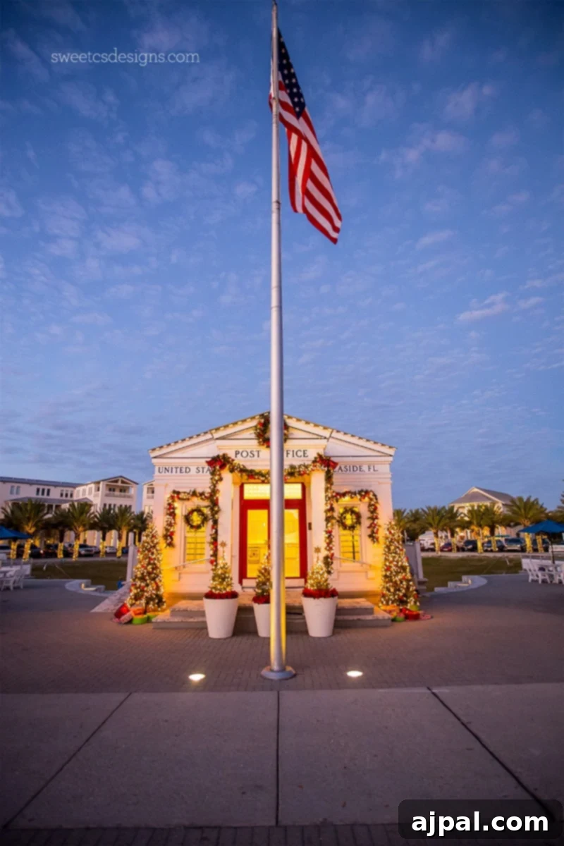 Yuletide in Paradise Seaside Florida 6 The iconic Seaside Florida post office decorated for Christmas, proudly flying the American flag.